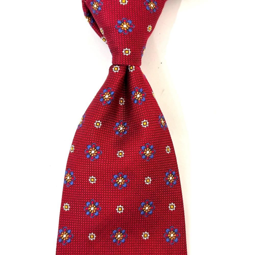 Seven Fold Tie NWT Red Blue Geometric Pattern Textured Silk